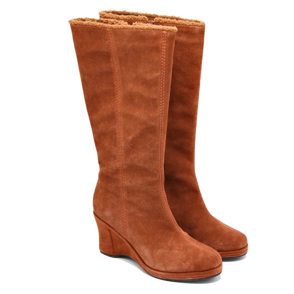 VICTORIA’S SECRET x COLIN STUART Suede Boots Wedge Heel Rust Cognac - Picture 2 of 9